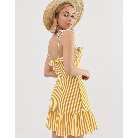 Asos Design Cami Mini Sundress with Buttons and Tiered Hem Yellow 6 Striped NWT - Picture 2 of 13